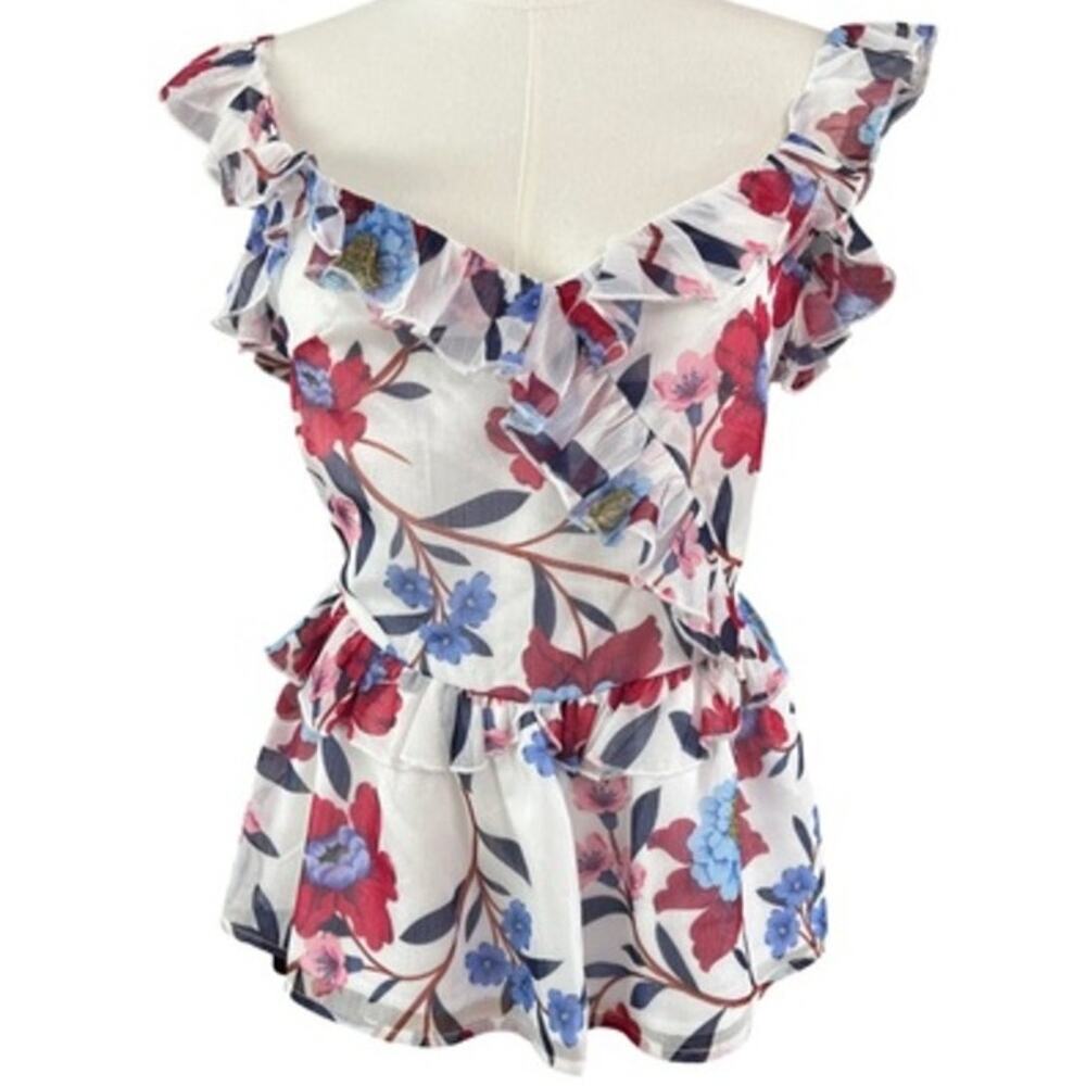 French Connection Floral Ruffle Peplum Tank Blouse Red and Blue Size 4 NWT